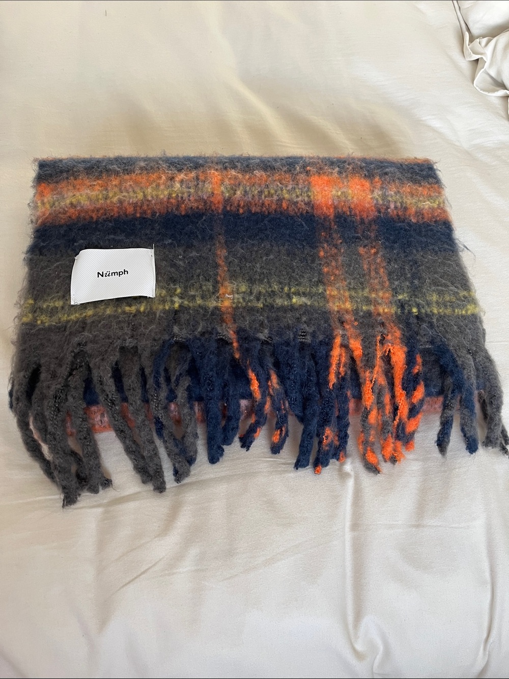 Numph Plaid Fringe Mohair-Blend blanket Scarf in navy, Orange & Pink